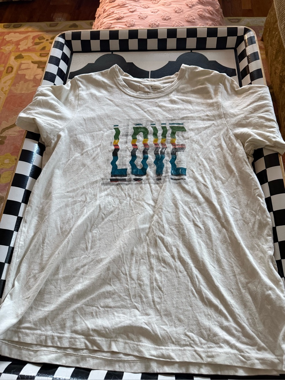 White "LOVE" Graphic Tee with Multicolor Stripes